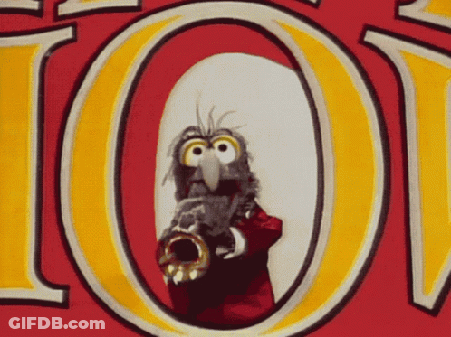 A Cartoon Character Is Playing A Trumpet In Front Of A Red And Yellow Sign That Says 101 GIF