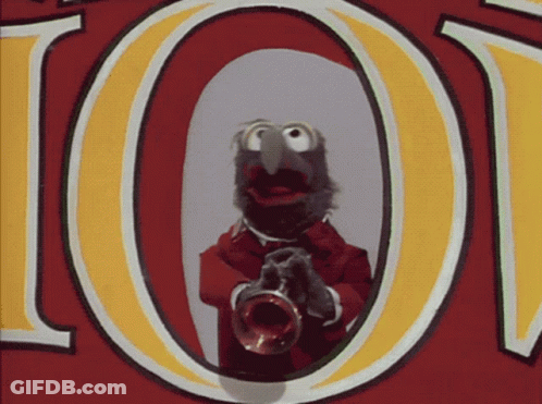 A Cartoon Character Is Playing A Trumpet In Front Of A Sign That Says 101 GIF