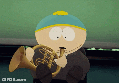A Cartoon Character Is Playing A Trumpet With A Yellow Top GIF