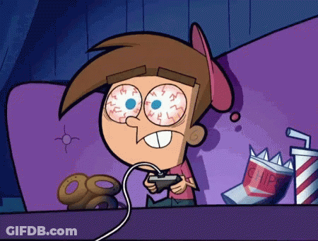 A Cartoon Character Is Playing A Video Game With A Bag Of Chips Behind Him GIF