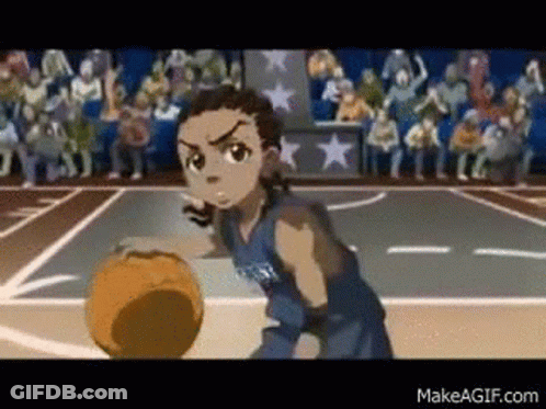 A Cartoon Character Is Playing Basketball On A Court With A Crowd Watching . GIF