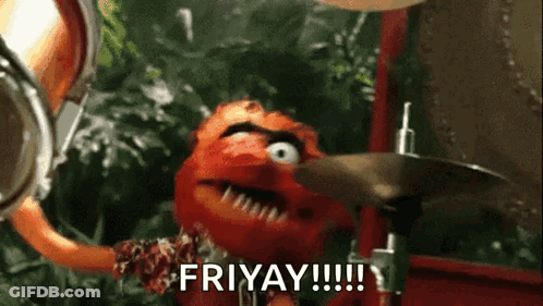 A Cartoon Character Is Playing Drums And Says Friday GIF