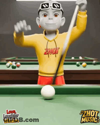 A Cartoon Character Is Playing Pool And The Words Love Laughter Wisdom Are Below Him GIF