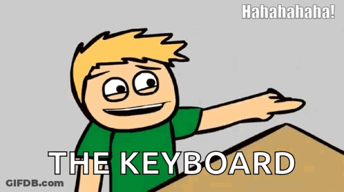 A Cartoon Character Is Pointing At A Keyboard With The Words " The Keyboard " Below Him GIF