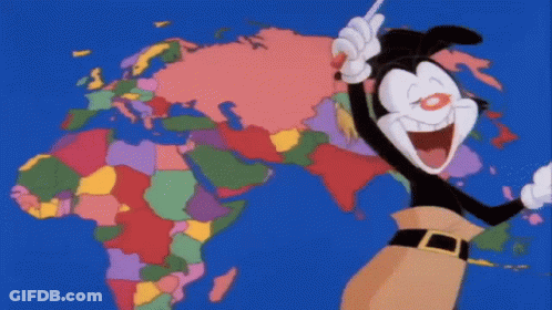 A Cartoon Character Is Pointing At A Map Of The World . GIF