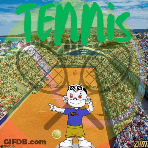 A Cartoon Character Is Pointing At A Tennis Court With The Word Tennis Written In Green GIF