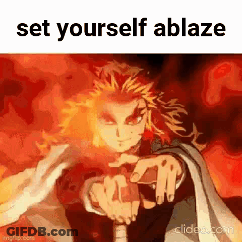 A Cartoon Character Is Pointing At The Camera With The Words `` Set Yourself Ablaze '' Written On The Bottom . GIF