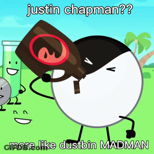 A Cartoon Character Is Pouring A Bottle Of Justin Chapman On Another Character GIF