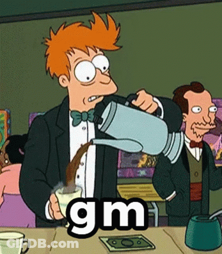 A Cartoon Character Is Pouring Coffee Into A Cup With The Word Gm Written On It . GIF