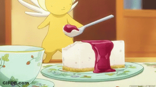 A Cartoon Character Is Pouring Jam On A Piece Of Cheesecake . GIF