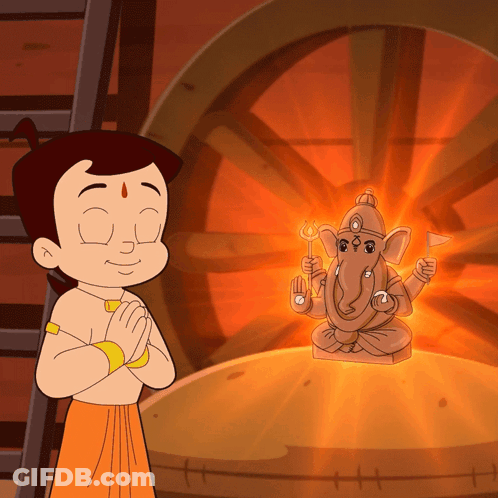 A Cartoon Character Is Praying In Front Of A Statue Of A Elephant GIF