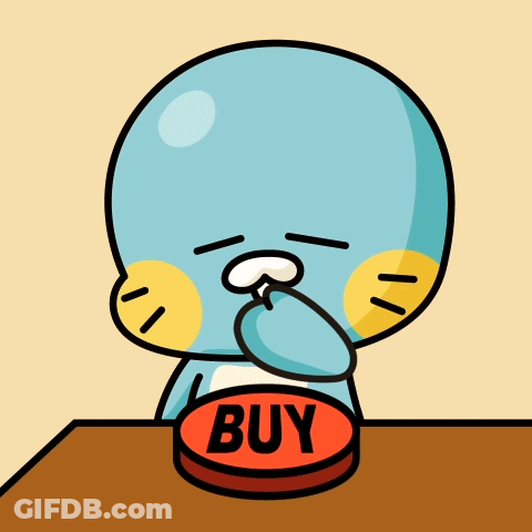 A Cartoon Character Is Pressing A Buy Button On A Table GIF