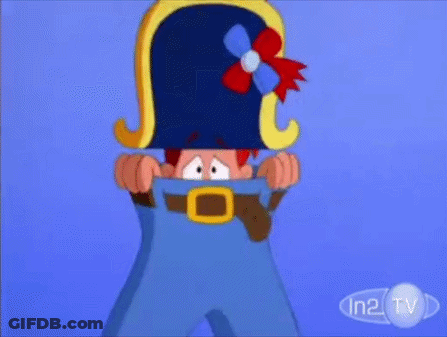 A Cartoon Character Is Pulling His Pants Up To Reveal A Giant Glove . GIF