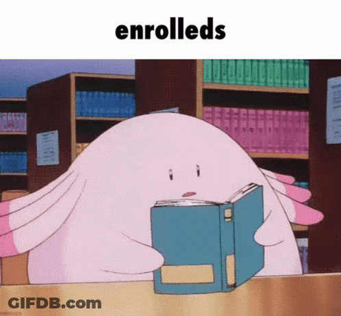 A Cartoon Character Is Reading A Book And The Word Enrolleds Is Above It GIF