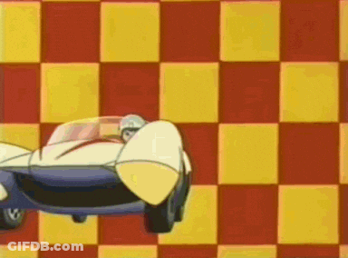 A Cartoon Character Is Riding A Car On A Checkered Floor . GIF