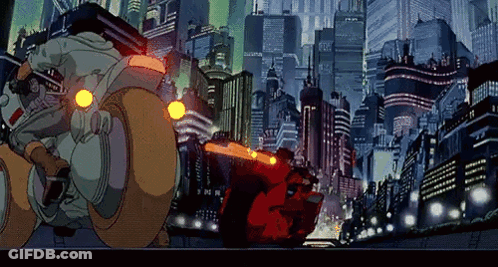A Cartoon Character Is Riding A Motorcycle In A Futuristic City At Night GIF