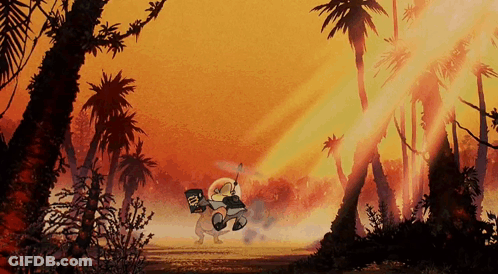 A Cartoon Character Is Riding A Motorcycle Through A Tropical Landscape GIF