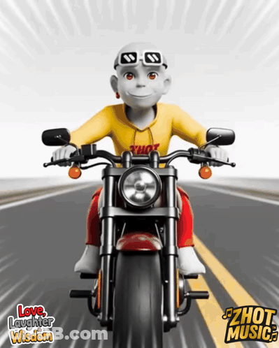 A Cartoon Character Is Riding A Motorcycle With The Words Love Laughter Wisdom On The Bottom Right GIF