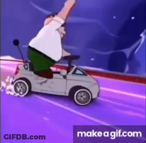 A Cartoon Character Is Riding A Small Car On A Purple Road . GIF