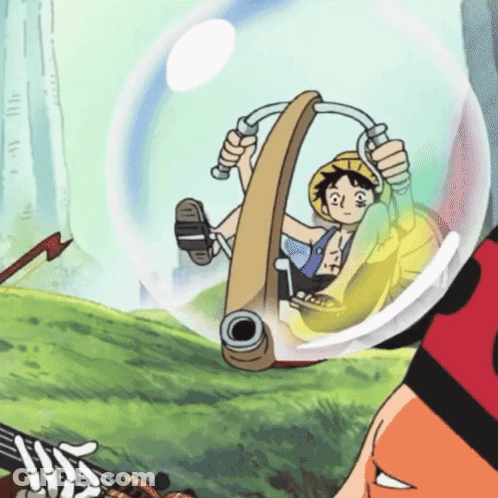 A Cartoon Character Is Riding In A Bubble With A Cannon GIF