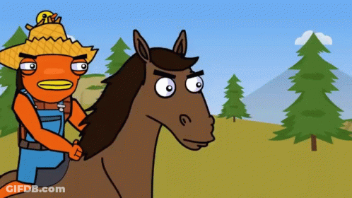 A Cartoon Character Is Riding On The Back Of A Brown Horse With A Straw Hat On GIF