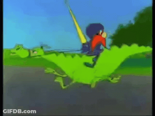 A Cartoon Character Is Riding On The Back Of A Green Dinosaur . GIF