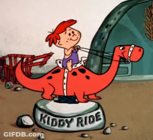 A Cartoon Character Is Riding On The Back Of A Red Dinosaur That Says Kiddy Ride On It GIF