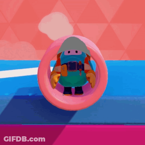 A Cartoon Character Is Riding Through A Pink Ring On A Blue Surface . GIF