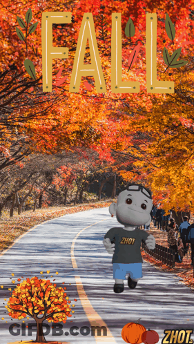A Cartoon Character Is Running Down A Road With The Word Fall Behind Him GIF