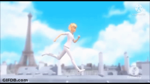 A Cartoon Character Is Running In A City In Front Of The Eiffel Tower . GIF