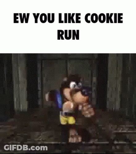 A Cartoon Character Is Running In A Video Game With The Words `` Ew You Like Cookie Run '' Written On The Bottom . GIF