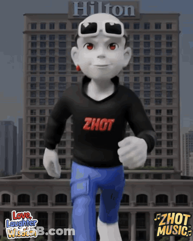 A Cartoon Character Is Running In Front Of A Large Hilton Hotel GIF