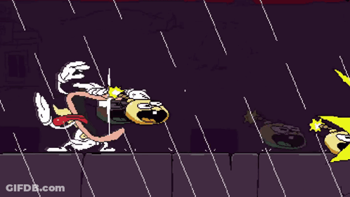 A Cartoon Character Is Running In The Rain With A Yellow Object In The Background GIF