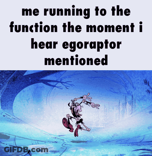 A Cartoon Character Is Running In The Snow With The Caption " Me Running To The Function The Moment I Hear Egoraptor Men GIF