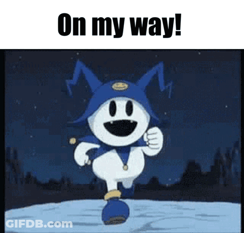 A Cartoon Character Is Running In The Snow With The Words On My Way GIF