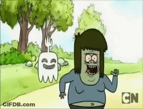 A Cartoon Character Is Running Next To A Ghost With A Fork . GIF