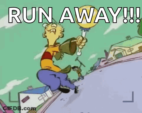 A Cartoon Character Is Running With A Balloon And Says Run Away GIF