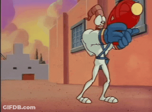 A Cartoon Character Is Running With A Flamethrower GIF