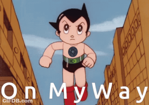 A Cartoon Character Is Running With The Words On My Way Below Him GIF