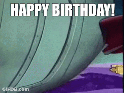 A Cartoon Character Is Saying `` Happy Birthday ! '' In Front Of A Purple Background . GIF