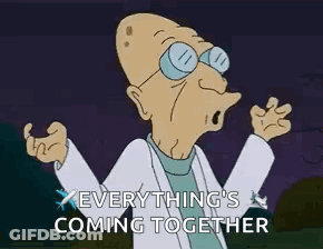 A Cartoon Character Is Screaming With Lightning Behind Him And Says Everything 'S Coming Together GIF