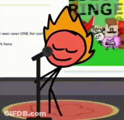 A Cartoon Character Is Singing Into A Microphone With A Fire On His Head . GIF