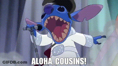 A Cartoon Character Is Singing Into A Microphone With The Words `` Aloha , Cousins '' Written Below Him . GIF