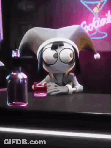 A Cartoon Character Is Sitting At A Bar Next To A Bottle Of Alcohol And A Neon Sign That Says Cocktails GIF
