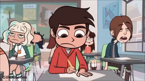 A Cartoon Character Is Sitting At A Desk In Front Of A Goals Sign GIF