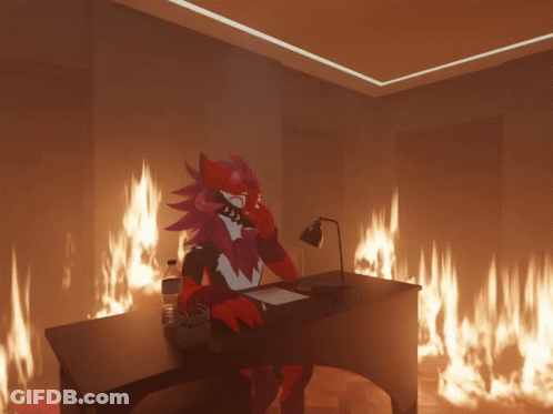 A Cartoon Character Is Sitting At A Desk In Front Of A Wall Of Fire GIF