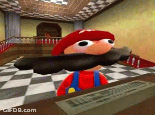 A Cartoon Character Is Sitting At A Desk With A Computer Keyboard And A Mustache . GIF