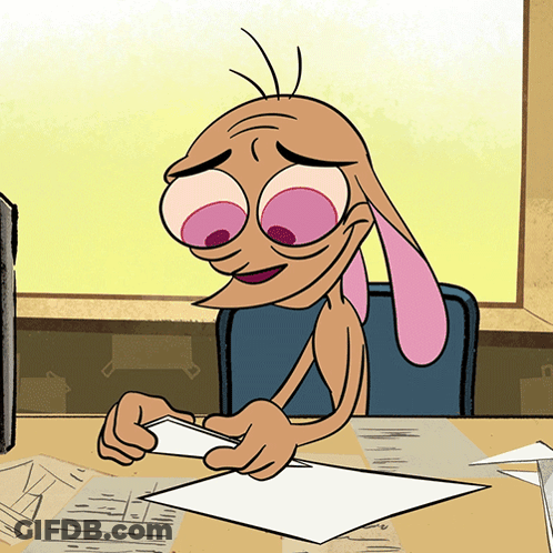 A Cartoon Character Is Sitting At A Desk With A Piece Of Paper In His Hand GIF