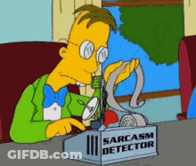 A Cartoon Character Is Sitting At A Desk With A Sarcasm Detector GIF