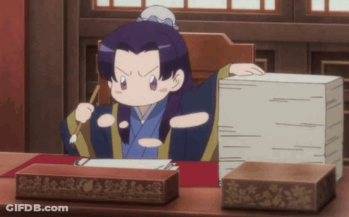 A Cartoon Character Is Sitting At A Desk With A Stack Of Paper GIF